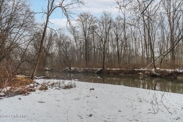 snowy yard with a water view