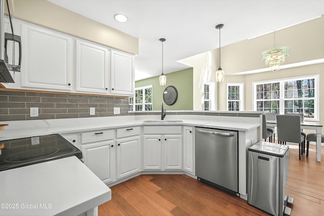 kitchen featuring a sink, tasteful backsplash, stainless steel dishwasher, wood finished floors, and light countertops