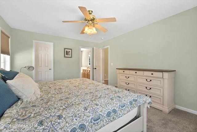 bedroom featuring a ceiling fan, baseboards, and light carpet