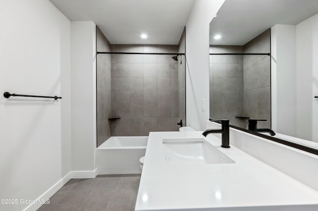 bathroom with shower / tub combination, toilet, recessed lighting, vanity, and baseboards