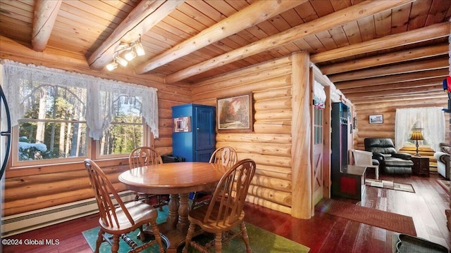 dining room featuring rustic walls, dark wood-type flooring, beamed ceiling, and wooden ceiling