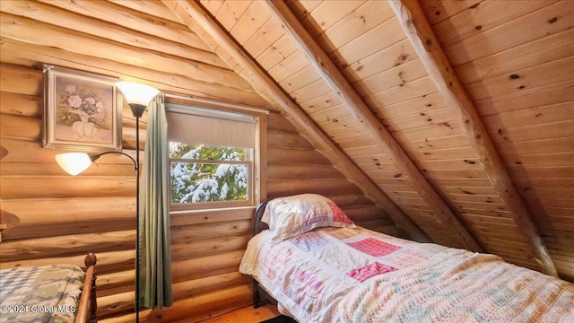 bedroom featuring vaulted ceiling with beams, rustic walls, and wooden ceiling