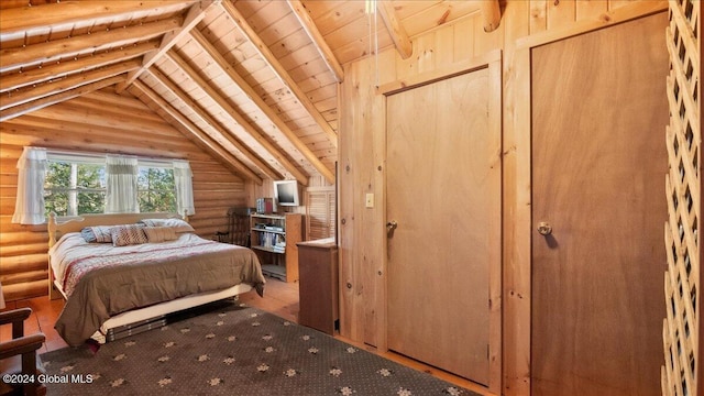 carpeted bedroom featuring wood ceiling, log walls, and vaulted ceiling