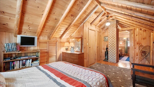 bedroom featuring vaulted ceiling with beams, wood ceiling, wooden walls, and light hardwood / wood-style flooring