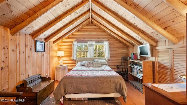 bedroom featuring hardwood / wood-style floors, vaulted ceiling with beams, wooden ceiling, and log walls