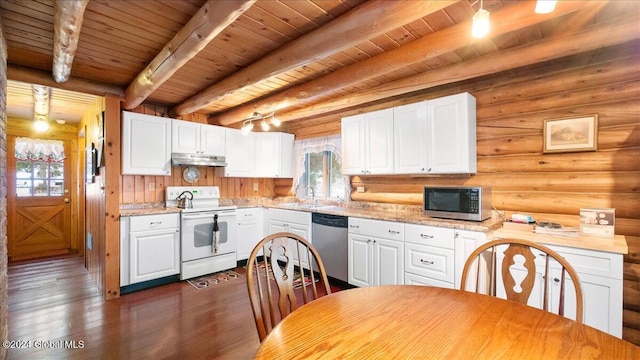 kitchen with rustic walls, stainless steel appliances, beam ceiling, dark hardwood / wood-style floors, and white cabinetry