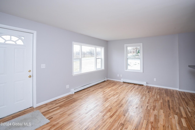 entryway with light hardwood / wood-style flooring and a baseboard heating unit