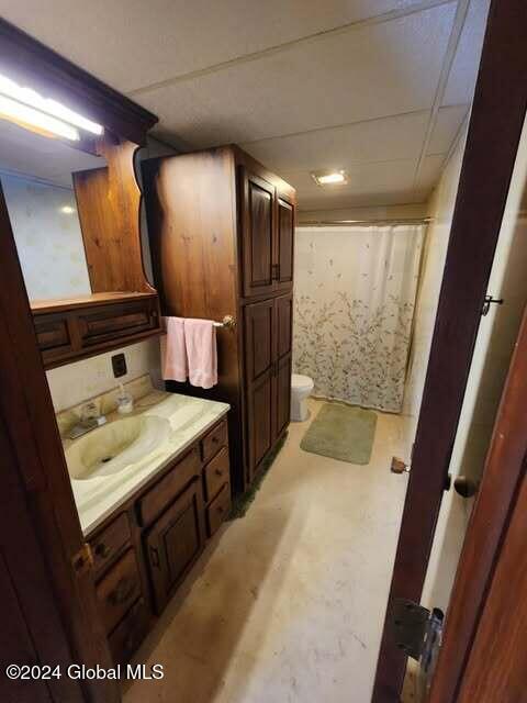 bathroom featuring a shower with curtain, vanity, and toilet