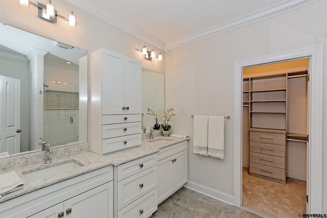 bathroom featuring vanity, ornamental molding, and walk in shower