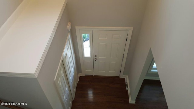 entryway with a high ceiling and dark hardwood / wood-style floors