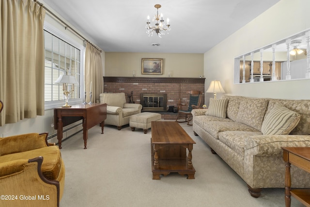 carpeted living room with a fireplace, baseboard heating, and a notable chandelier