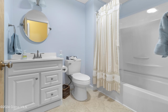 full bathroom featuring tile patterned floors, vanity, toilet, and shower / tub combo with curtain