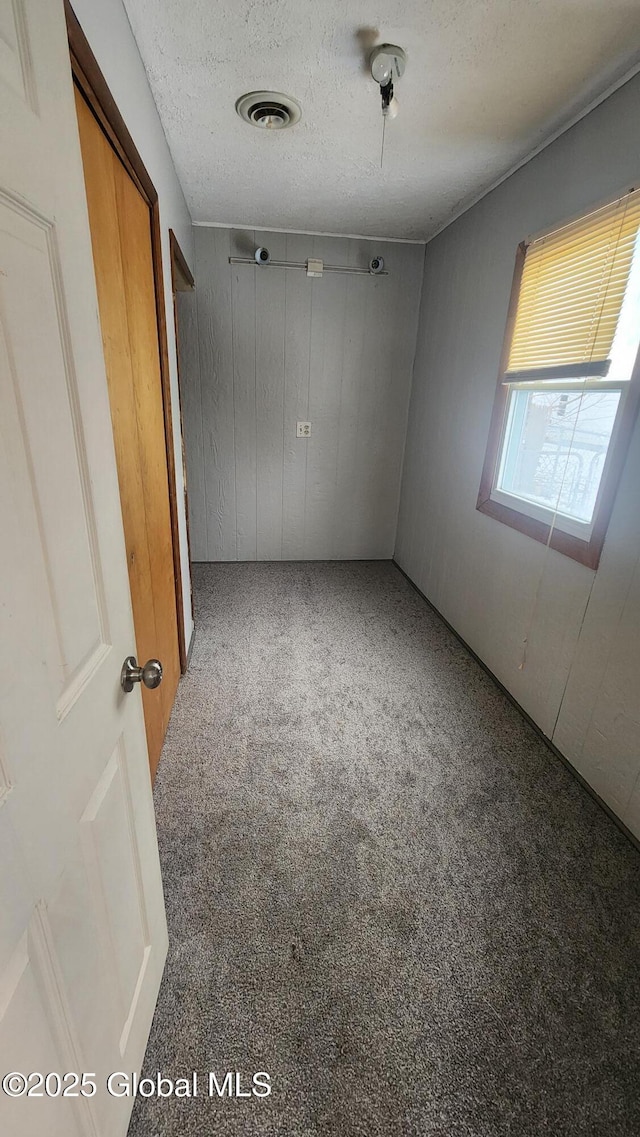 empty room with carpet floors, a textured ceiling, and wood walls