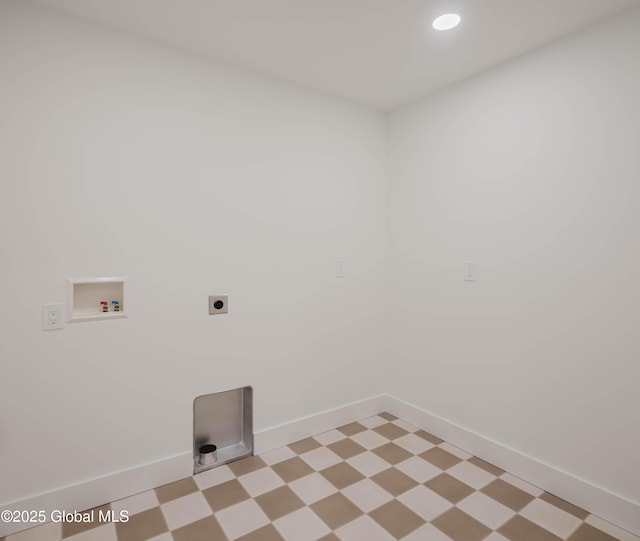 washroom with baseboards, hookup for a washing machine, light floors, electric dryer hookup, and laundry area