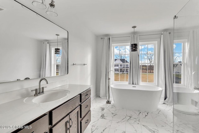 bathroom featuring a bathtub, plenty of natural light, and vanity