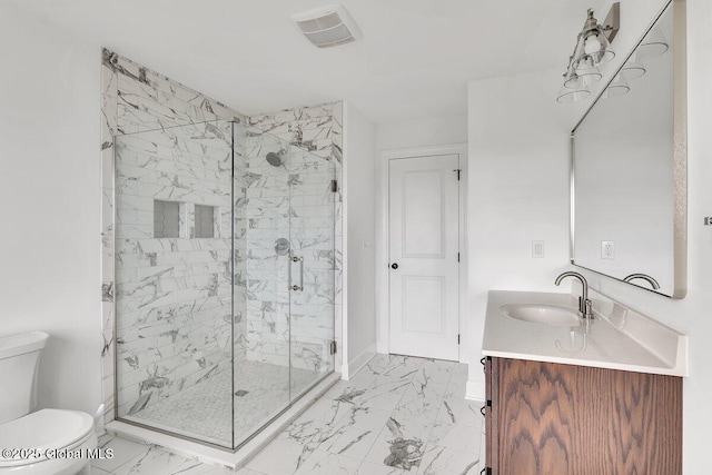 bathroom featuring walk in shower, vanity, and toilet