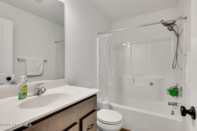 full bathroom featuring vanity, toilet, and shower / bathtub combination with curtain