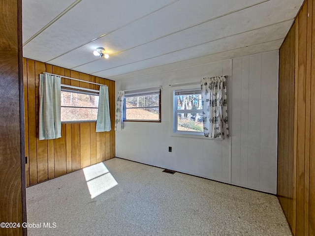 carpeted empty room featuring wood walls