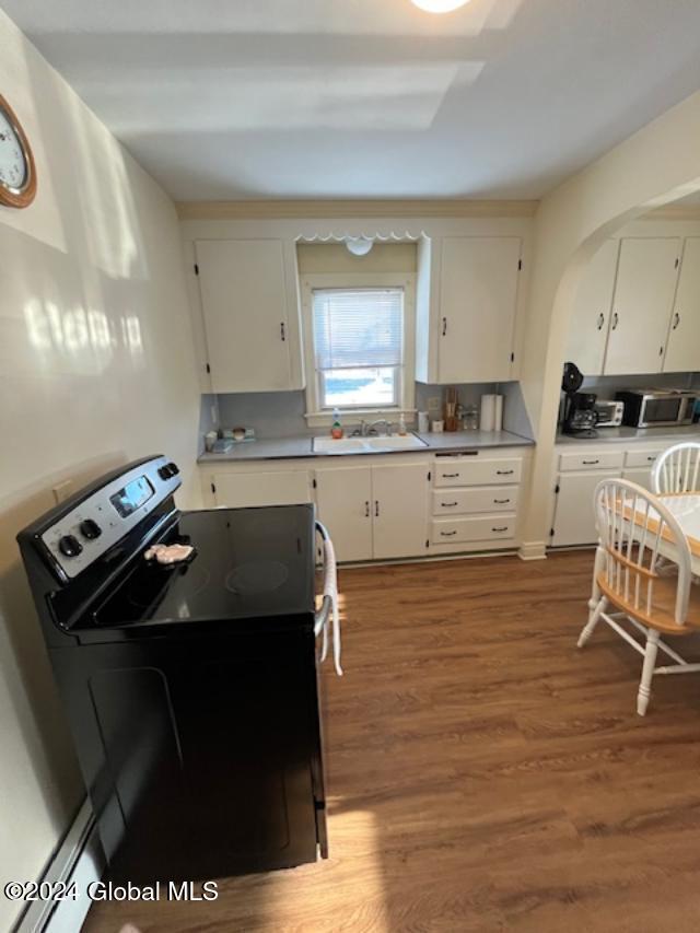 kitchen with black / electric stove, white cabinetry, and decorative backsplash