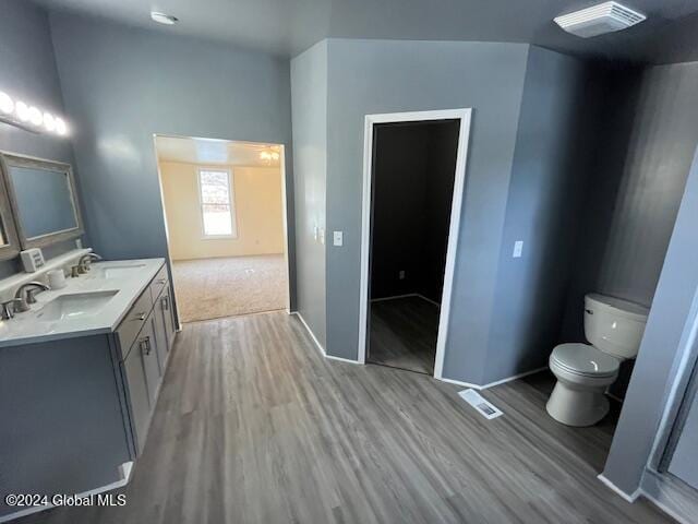 bathroom with vanity, hardwood / wood-style flooring, and toilet