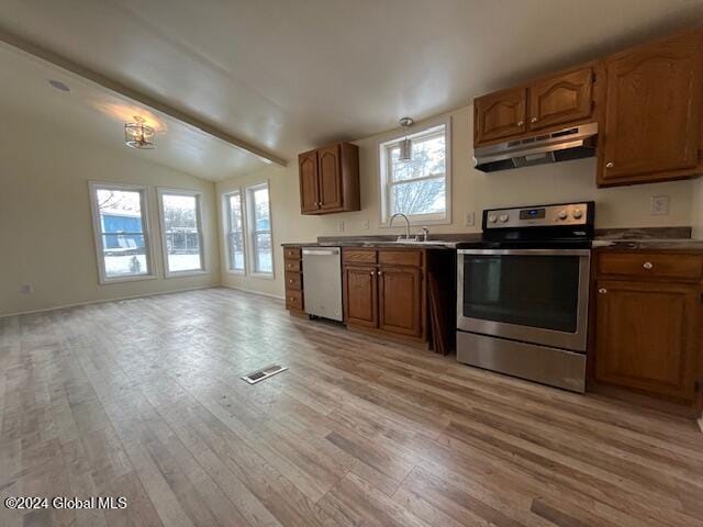 kitchen featuring appliances with stainless steel finishes, light hardwood / wood-style floors, a healthy amount of sunlight, and sink