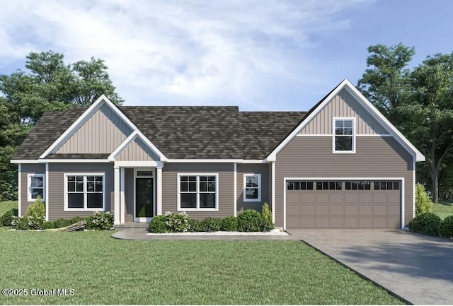 view of front of home with a shingled roof, a front yard, and driveway