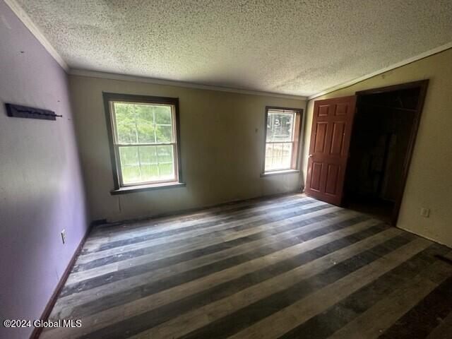 interior space featuring a textured ceiling, dark hardwood / wood-style floors, and ornamental molding