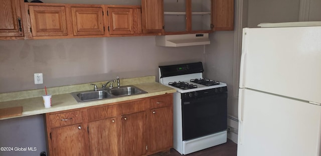 kitchen featuring white appliances, sink, and range hood