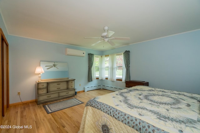 bedroom featuring light hardwood / wood-style floors, a wall unit AC, ceiling fan, and crown molding