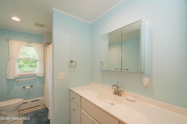 bathroom featuring vanity, a baseboard heating unit, crown molding, tile patterned flooring, and toilet