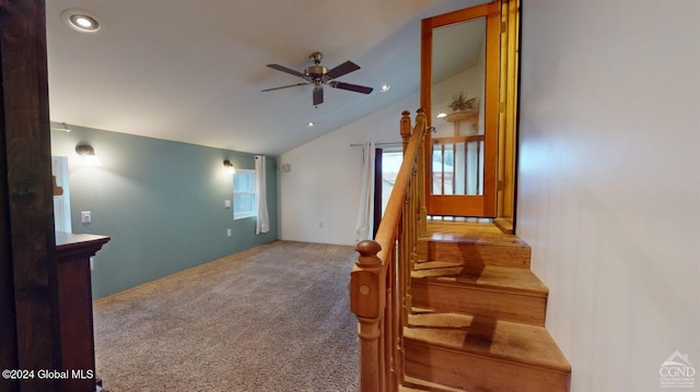 interior space featuring carpet, ceiling fan, and vaulted ceiling