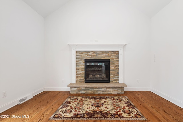 interior details featuring a fireplace and wood-type flooring