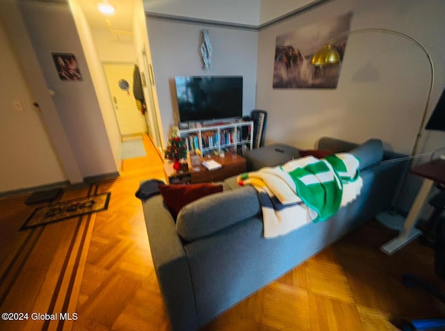 living room with parquet flooring