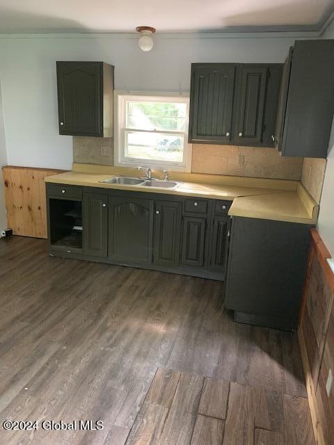 kitchen with decorative backsplash, ornamental molding, dark wood-type flooring, and sink