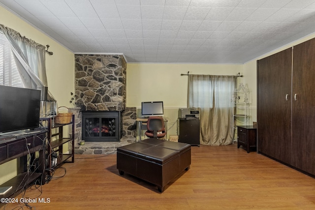 living room with light wood-type flooring and a stone fireplace