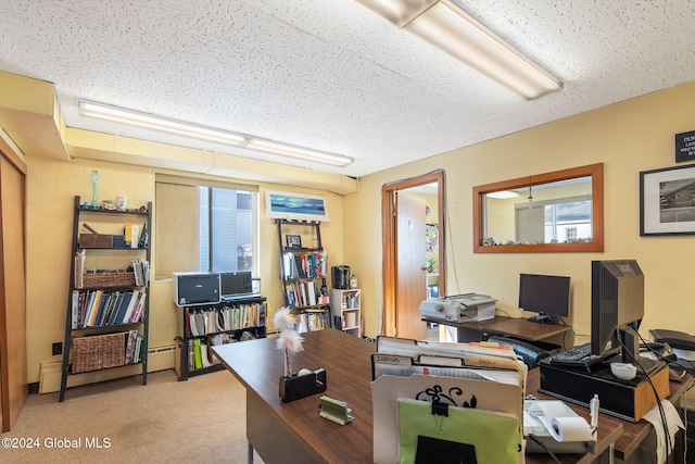 carpeted office with a textured ceiling