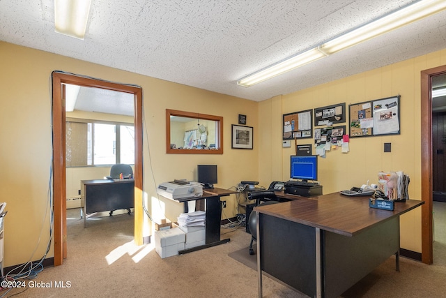 carpeted office with a textured ceiling and baseboard heating