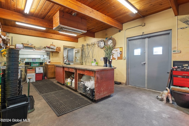 kitchen featuring concrete flooring, beam ceiling, and wood ceiling