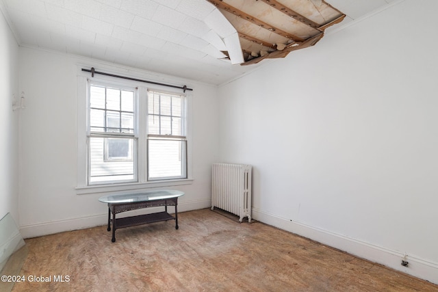 carpeted spare room featuring crown molding and radiator