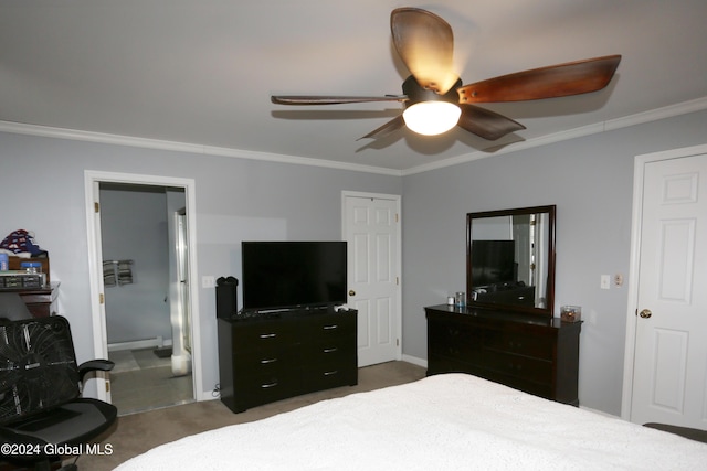 bedroom with connected bathroom, crown molding, ceiling fan, and dark carpet