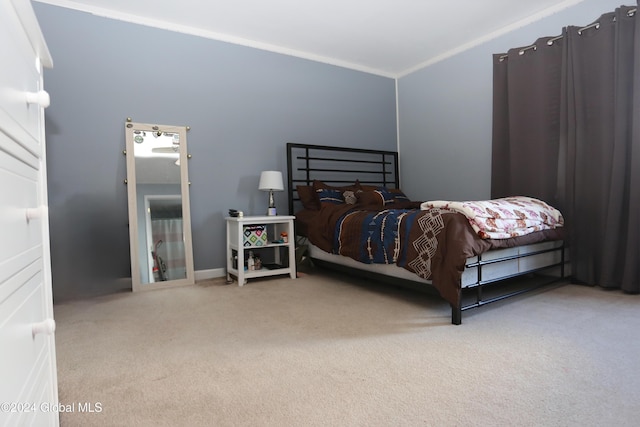 bedroom featuring light colored carpet and crown molding