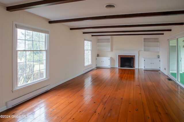 unfurnished living room featuring beam ceiling, light hardwood / wood-style floors, a fireplace, and a baseboard heating unit