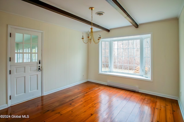 unfurnished dining area with beam ceiling, a baseboard radiator, an inviting chandelier, and a healthy amount of sunlight