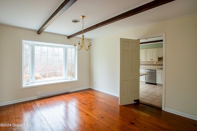 unfurnished dining area featuring beam ceiling, light hardwood / wood-style flooring, a chandelier, and a baseboard heating unit