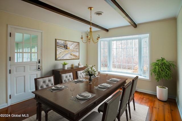 dining space featuring beamed ceiling, a notable chandelier, crown molding, and hardwood / wood-style flooring