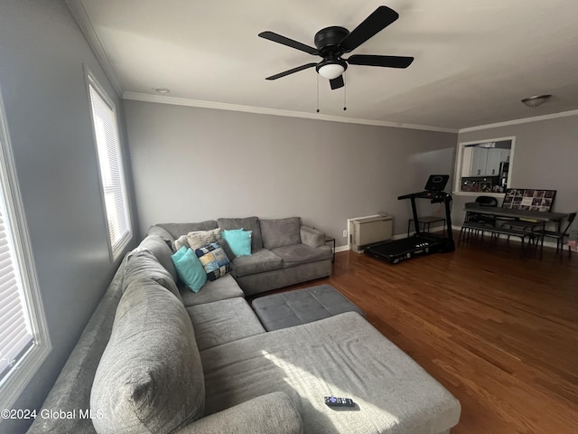 living room with wood-type flooring, ceiling fan, and crown molding