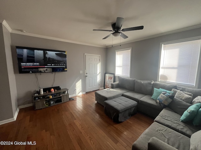 living room with ceiling fan, crown molding, and hardwood / wood-style flooring