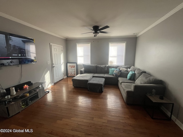 living room with ceiling fan, dark wood-type flooring, and ornamental molding