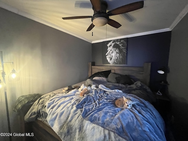 bedroom featuring ceiling fan and ornamental molding