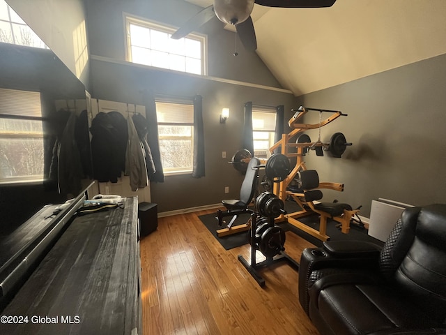 workout room with a wealth of natural light, light hardwood / wood-style flooring, high vaulted ceiling, and ceiling fan